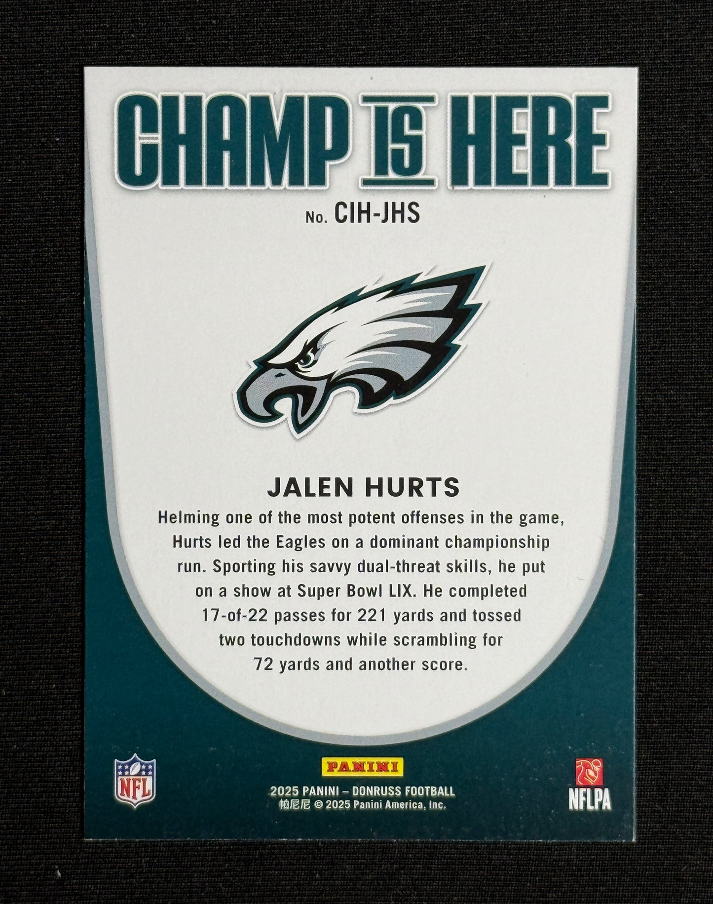 2025 Donruss Jalen Hurts Champ is Here #CIH-JHS