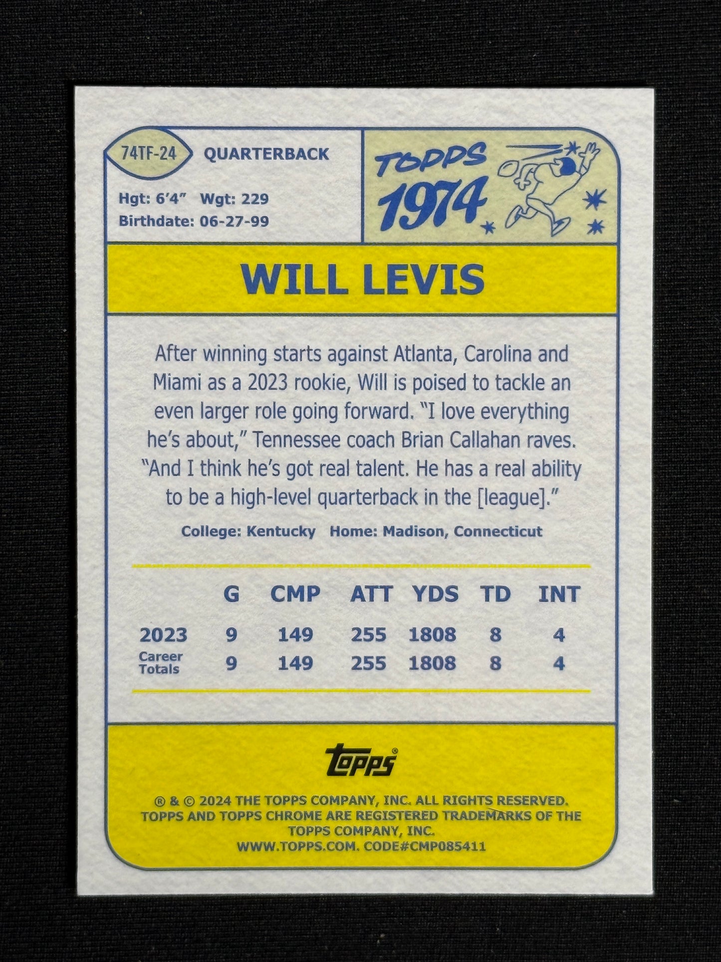 2024 Topps Chrome Will Levis 1974 Topps Football X-Fractor #74TF-24