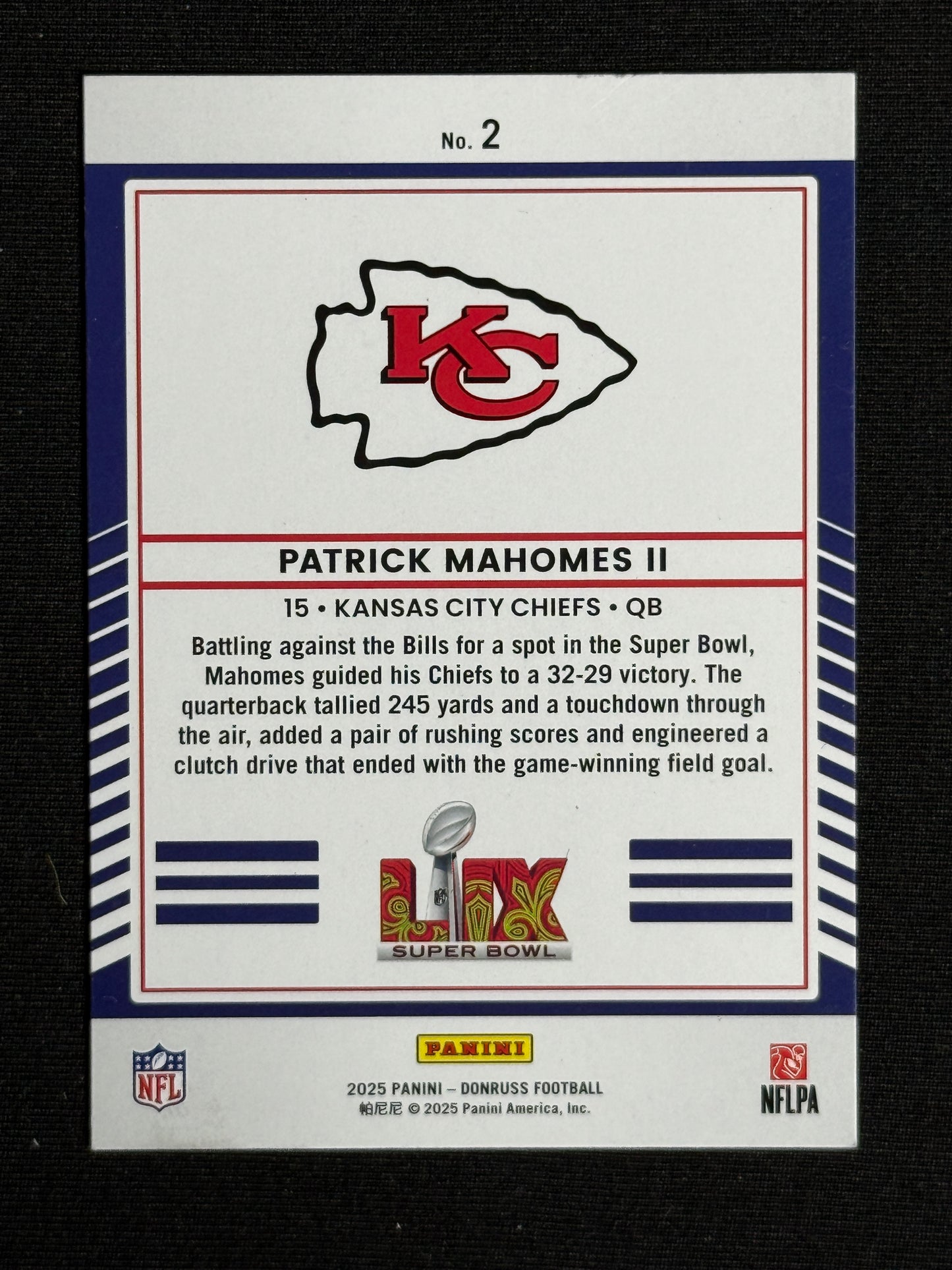2025 Donruss Patrick Mahomes II Road to the Super Bowl Conf. Championship #2