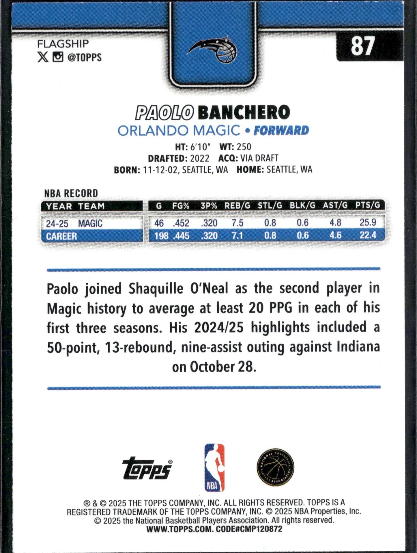 2025-26 Topps Paolo Banchero Gold #/2025 #87