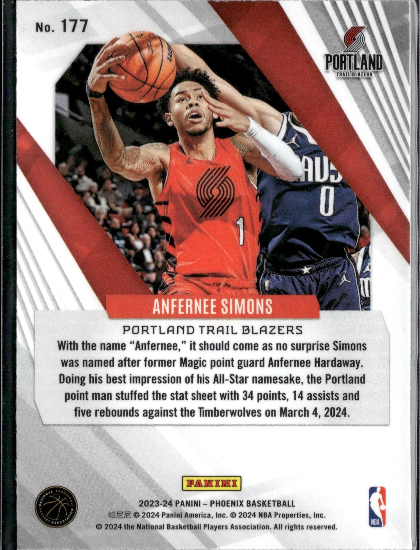 2023-24 Panini Phoenix Anfernee Simons Phoenix Teal Lazer #177