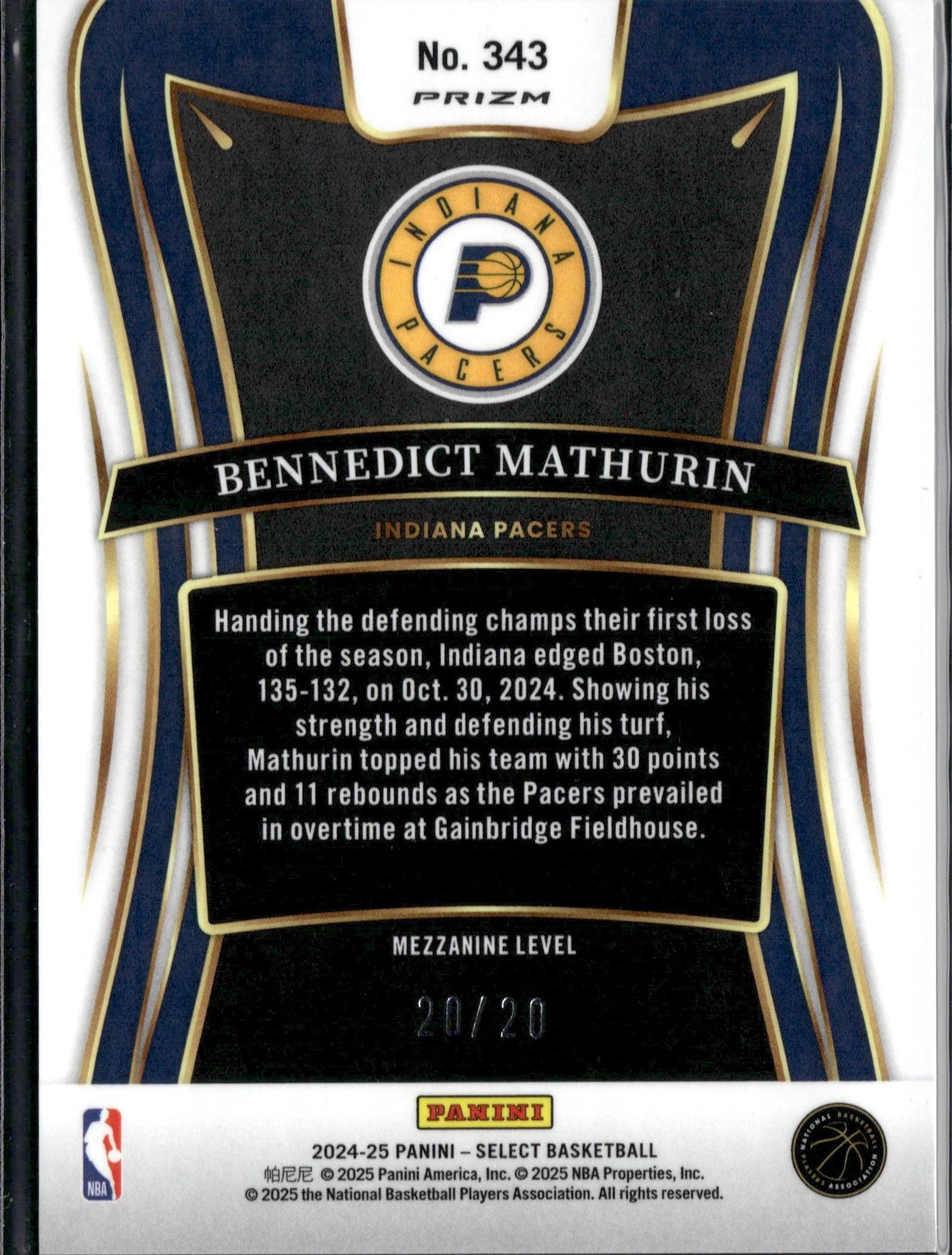 2024-25 Panini Select Bennedict Mathurin Blue Stars Prizm /20 #343 eBay 1/1