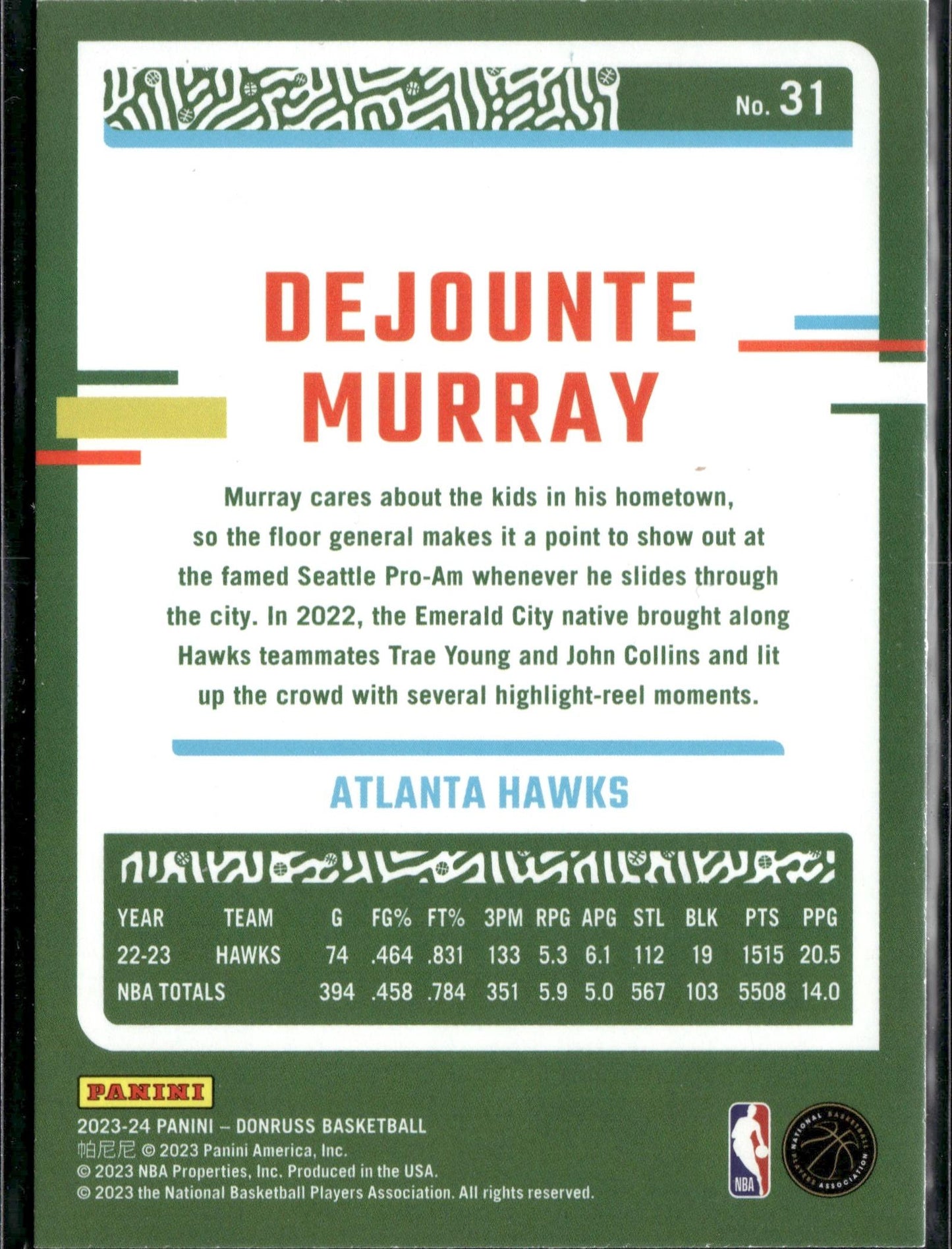 2023-24 Donruss Dejounte Murray Purple Laser Holo #/99 #31