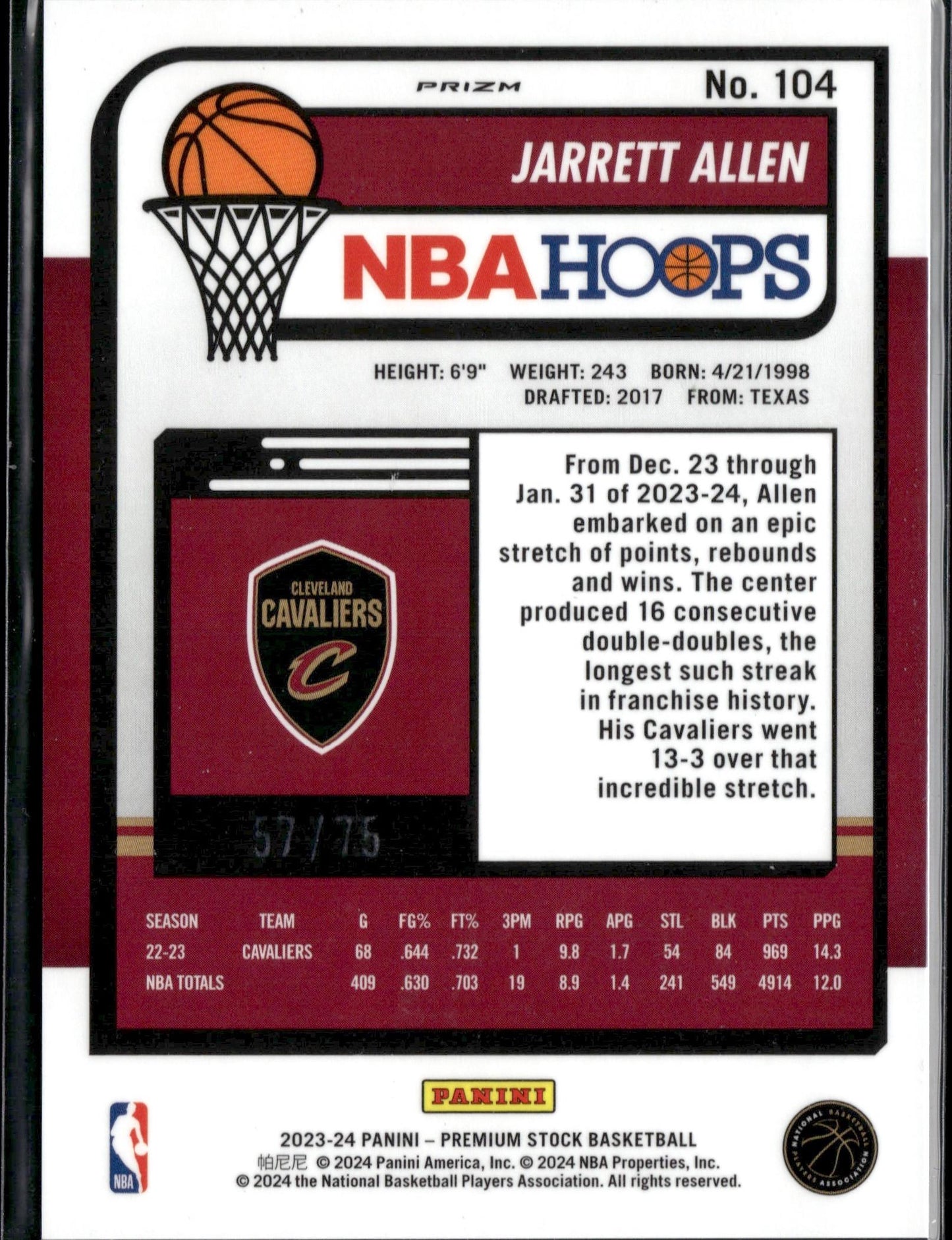 2023-24 Hoops Premium Stock Jarrett Allen Blue Pulsar #/75 #104
