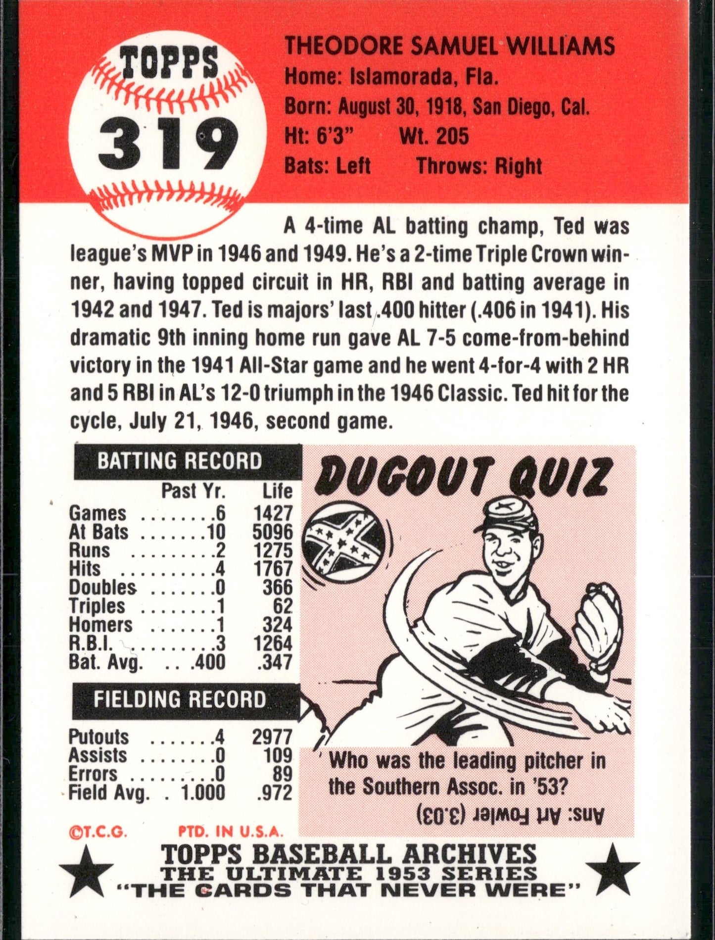 1991 Topps Archives 1953 Ted Williams #319