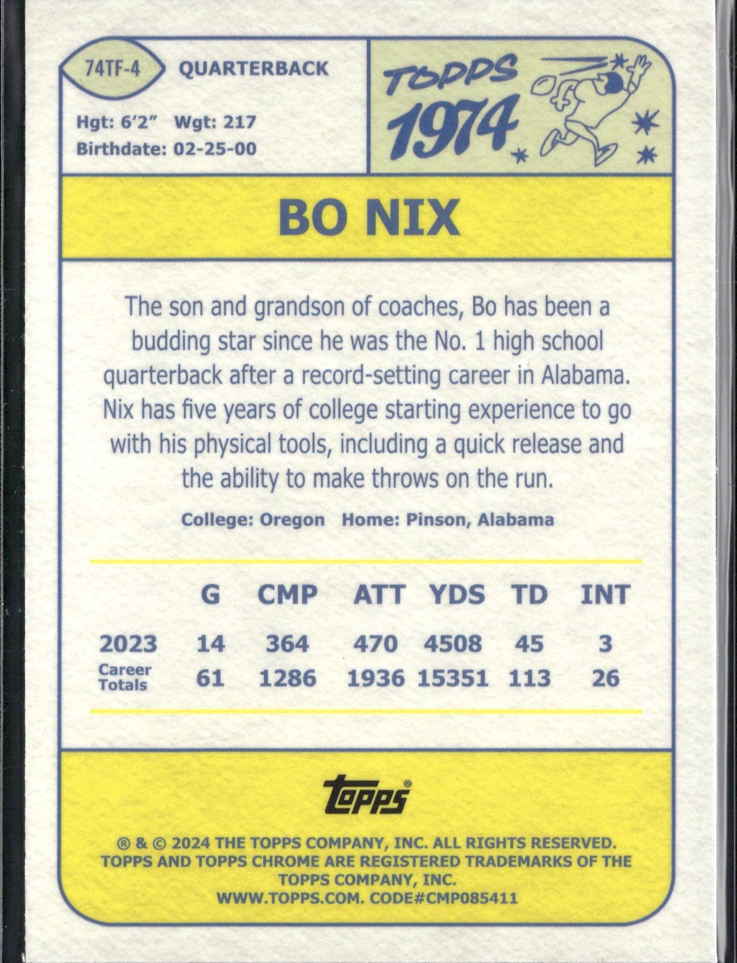 2024 Topps Chrome Bo Nix 1974 Topps Football #74TF-4