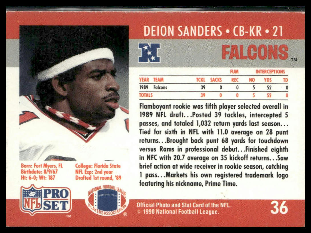 1990 Pro Set Deion Sanders #36