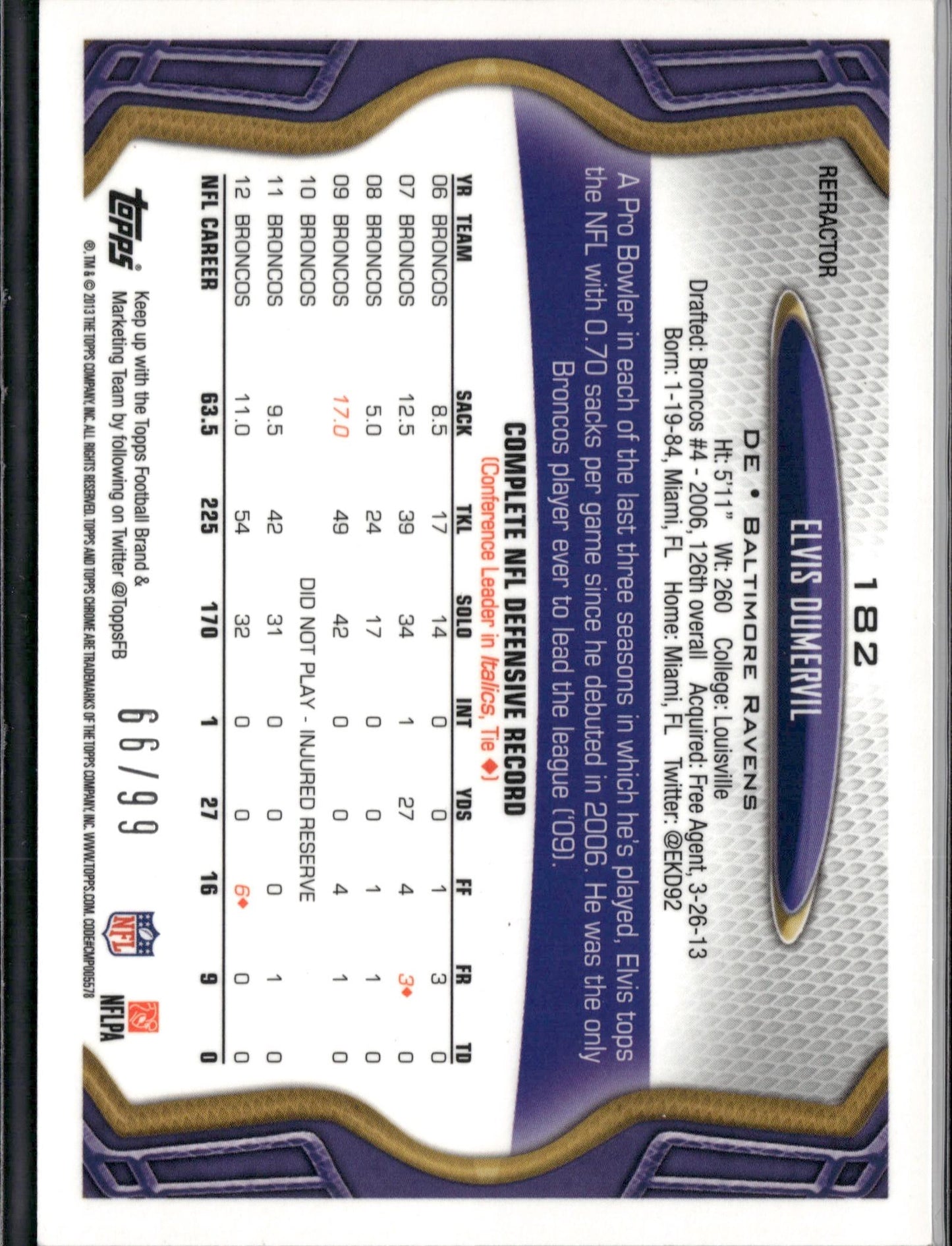 2013 Topps Chrome Elvis Dumervil Sepia Refractors #/99 #182