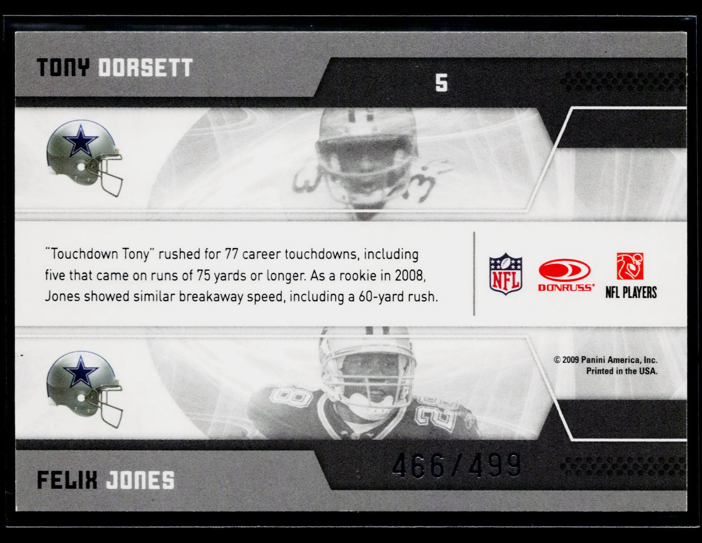 2009 Donruss Elite Tony Dorsett / Felix Jones Passing the Torch Green #/499 #5