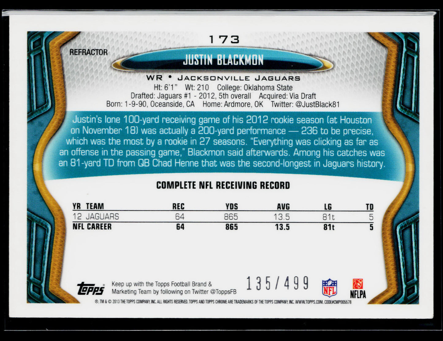 2013 Topps Chrome Justin Blackmon Purple Refractors #/499 #173