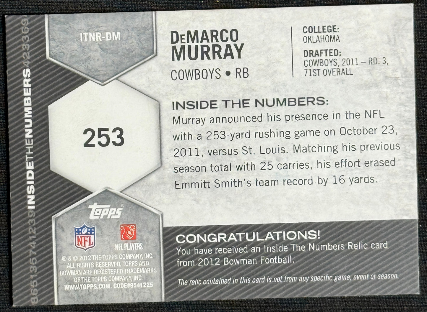 2012 Bowman DeMarco Murray Inside the Numbers Relics #ITNR-DM