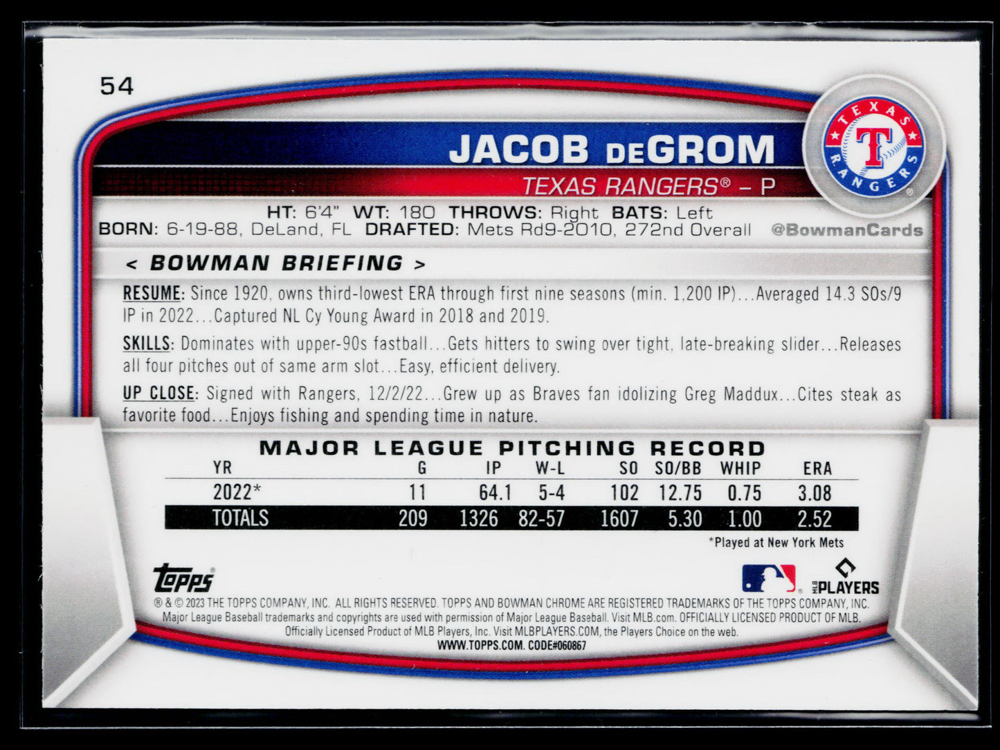 2023 Bowman Jacob deGrom Mojo Refractors #54