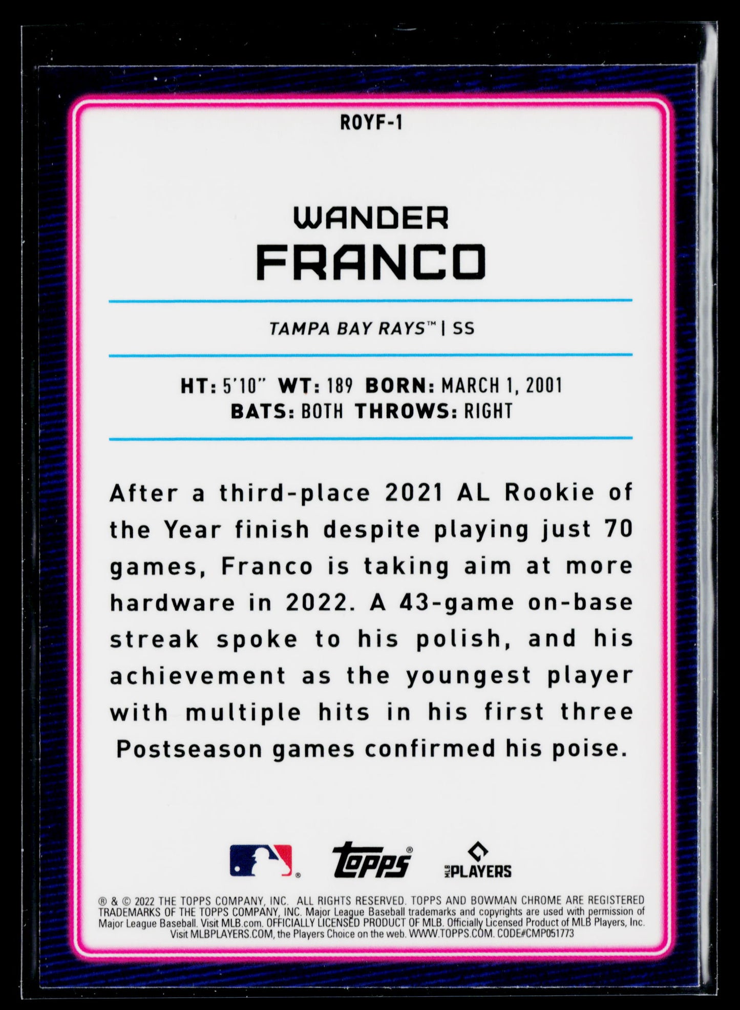 2022 Bowman Wander Franco Rookie of the Year Favorites Refractors #ROYF-1