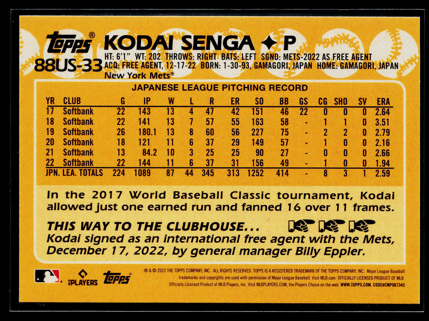 2023 Topps Update Kodai Senga 1988 Topps Baseball 35th Anniversary #88US-33