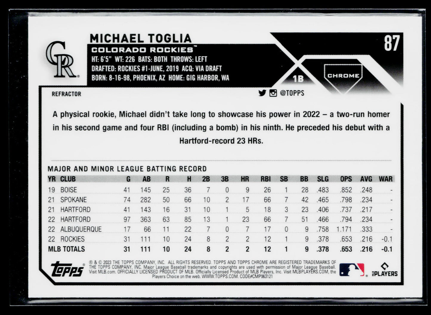 2023 Topps Chrome Michael Toglia Refractors #87