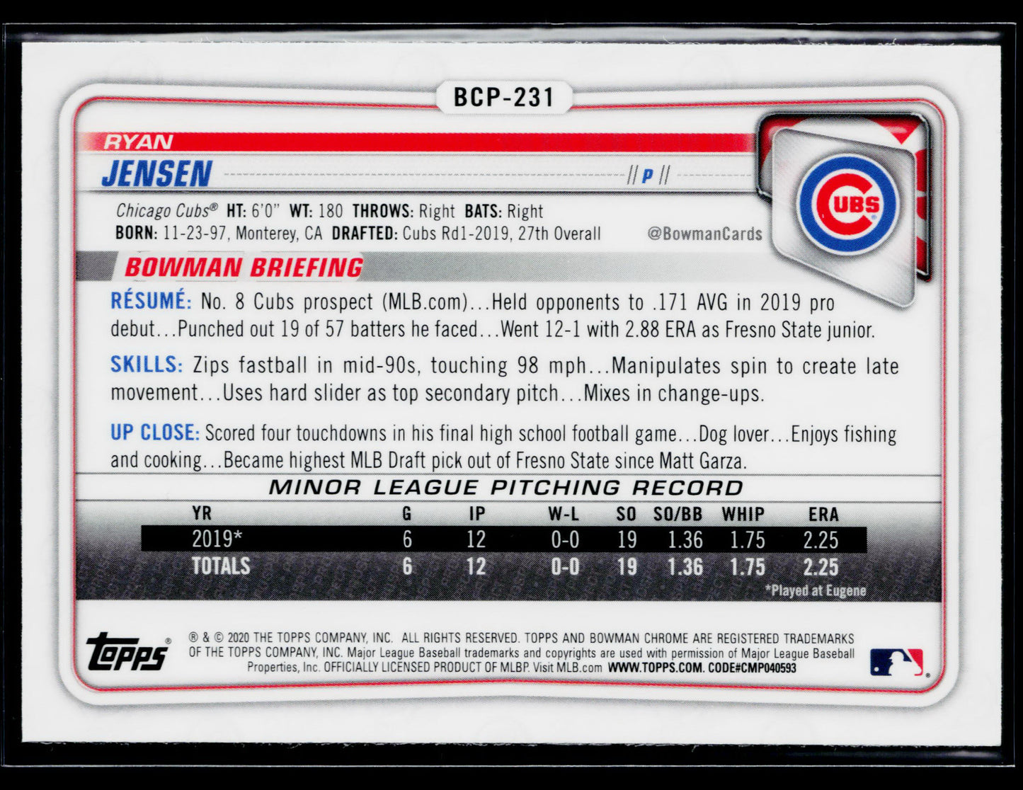 2020 Bowman Chrome Ryan Jensen Prospects Mojo Refractor #BCP-231