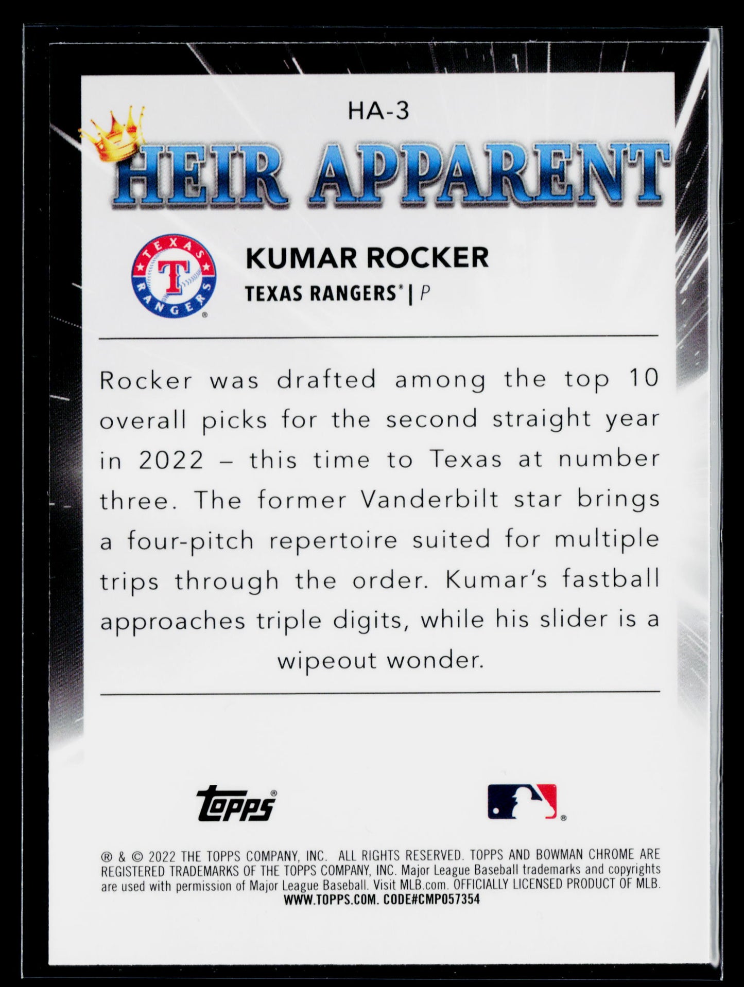 2022 Bowman Draft Kumar Rocker Heir Apparent #HA-3