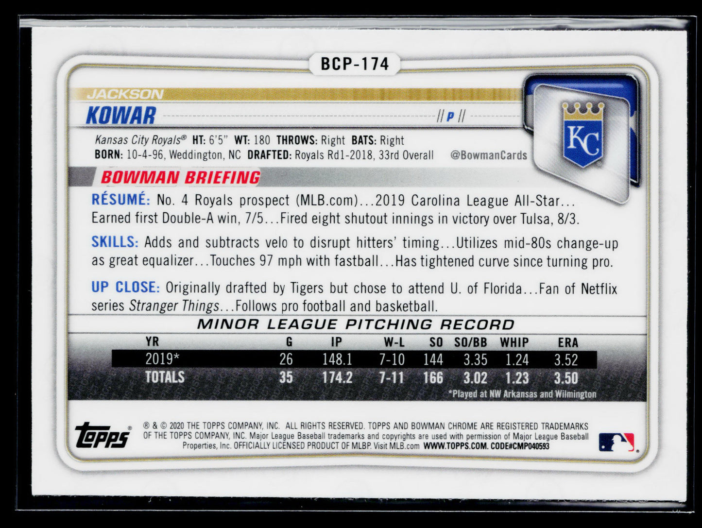 2020 Bowman Chrome Jackson Kowar Prospects Mojo Refractor #BCP-174