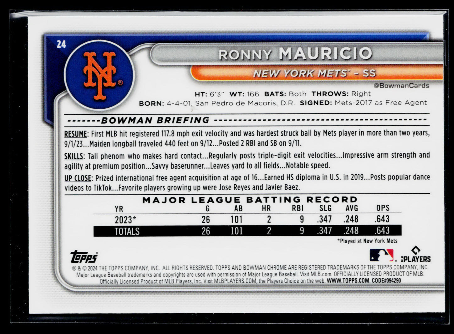 2024 Bowman Chrome Ronny Mauricio Rookie Mojo Refractors #24