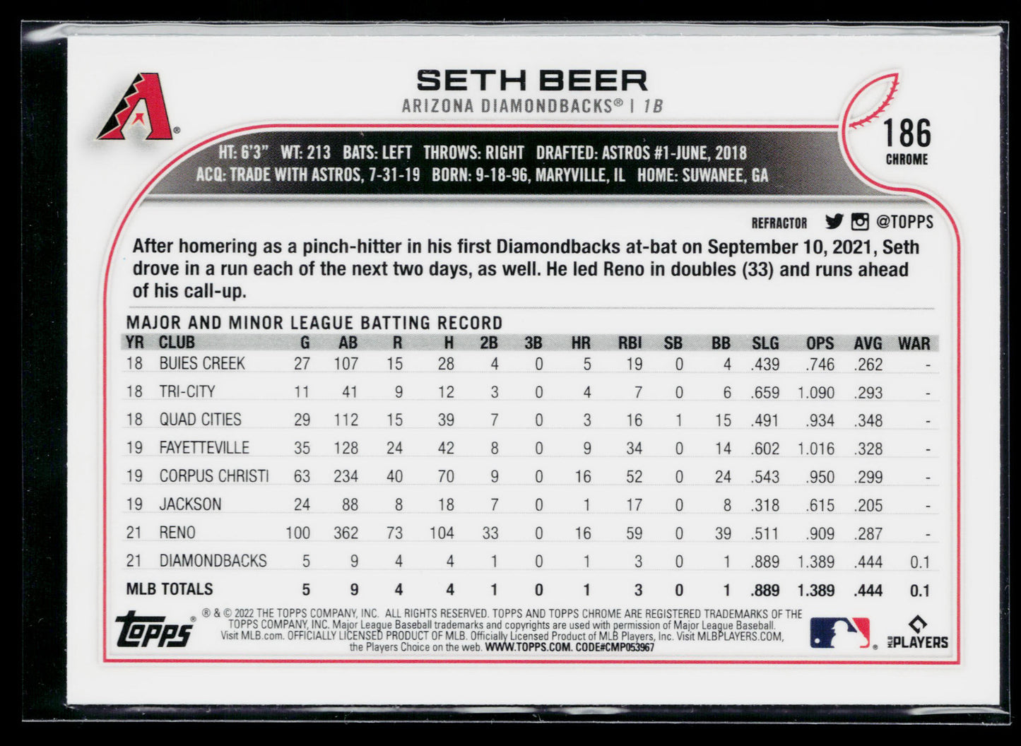 2022 Topps Chrome Seth Beer Refractor #186