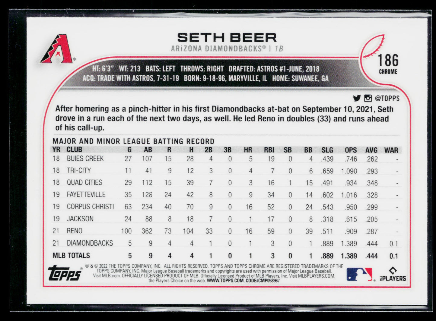 2022 Topps Chrome Seth Beer Pink Refractor #186