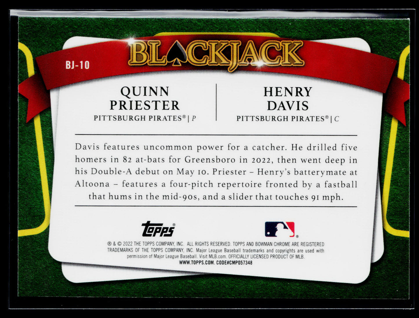 2022 Bowman Draft Quinn Priester / Henry Davis Blackjack #BJ-10