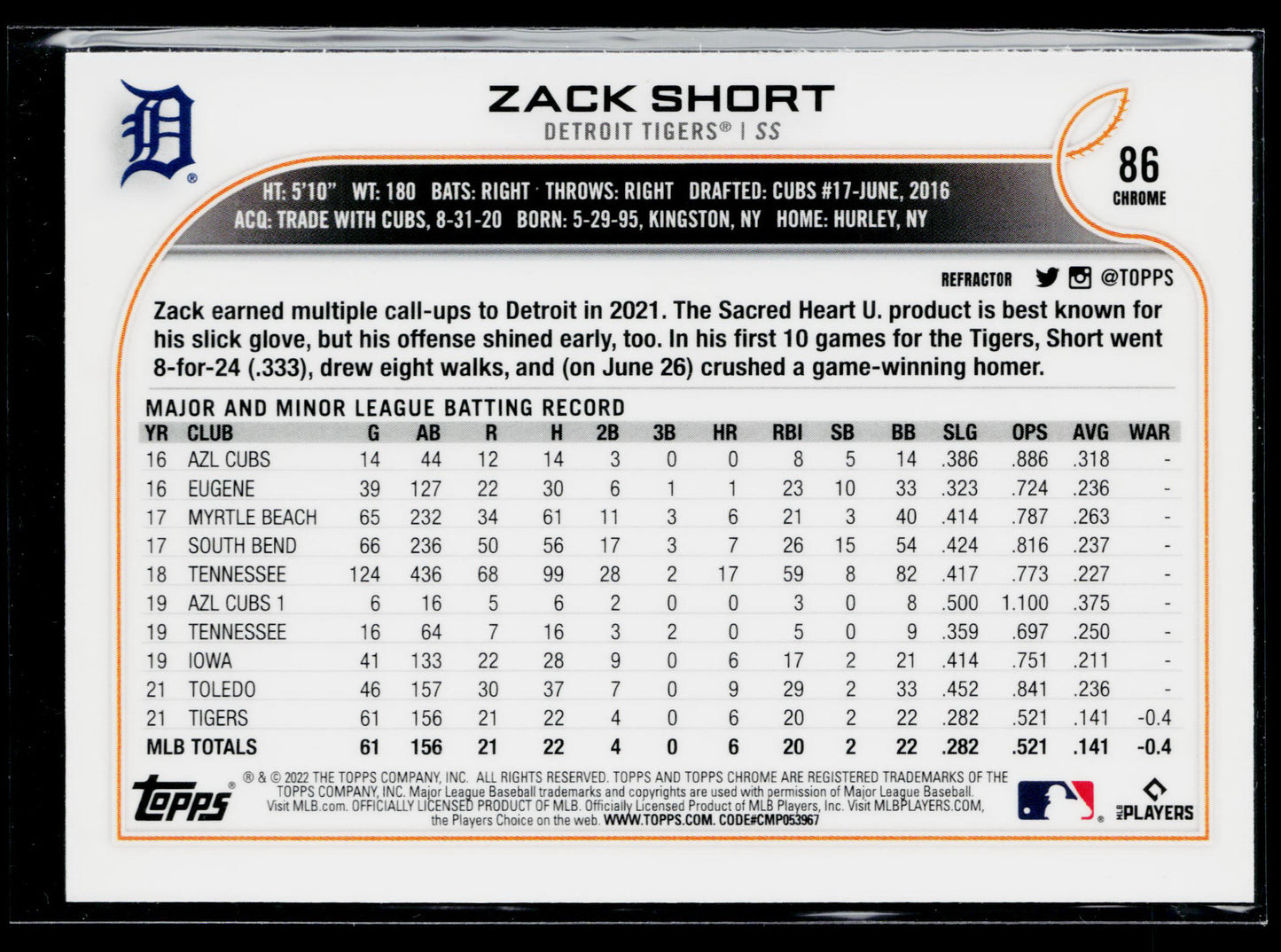 2022 Topps Chrome Sonic Zack Short Rookie Refractor #86