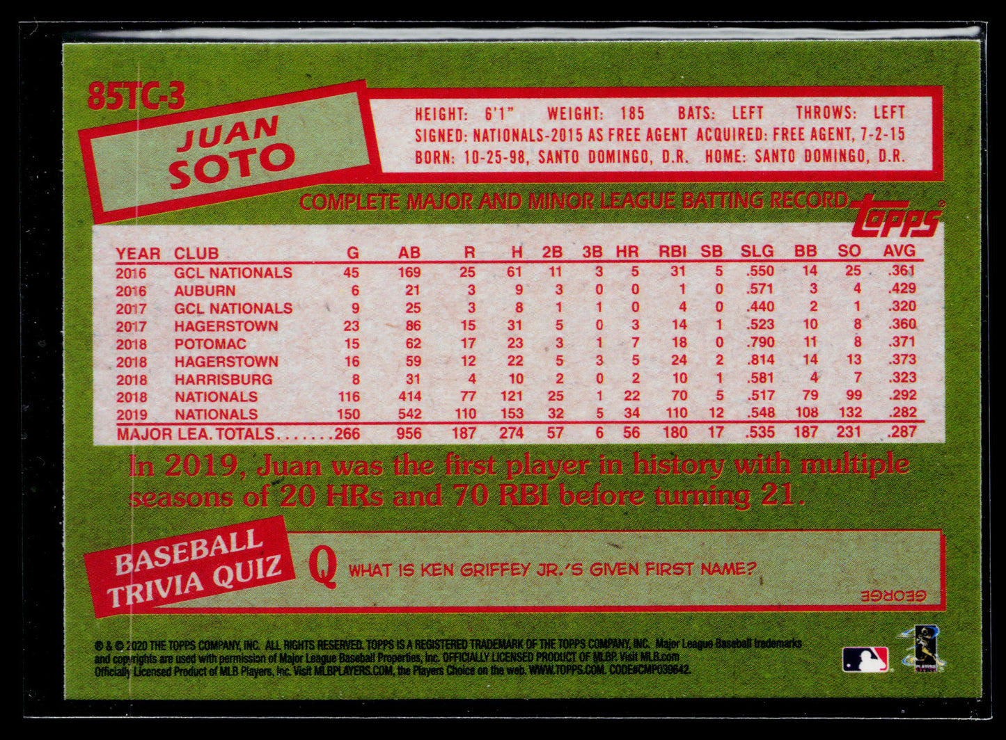 2020 Topps Chrome Juan Soto 1985 Topps Baseball #85TC-3