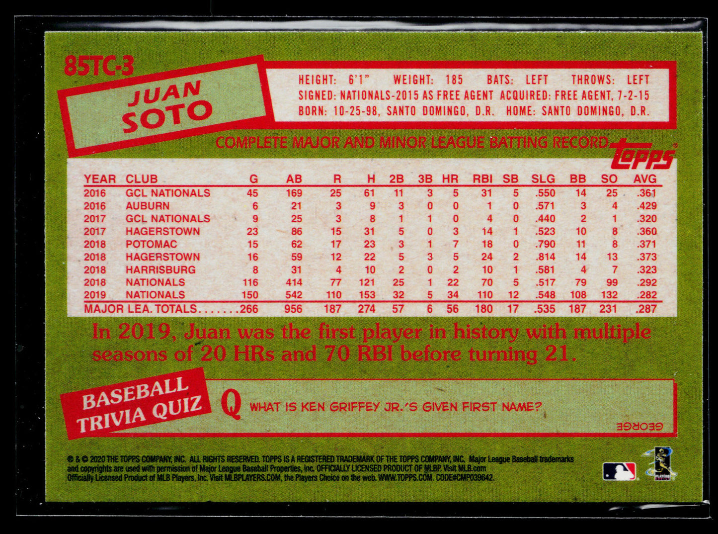2020 Topps Chrome Juan Soto 1985 Topps Baseball #85TC-3
