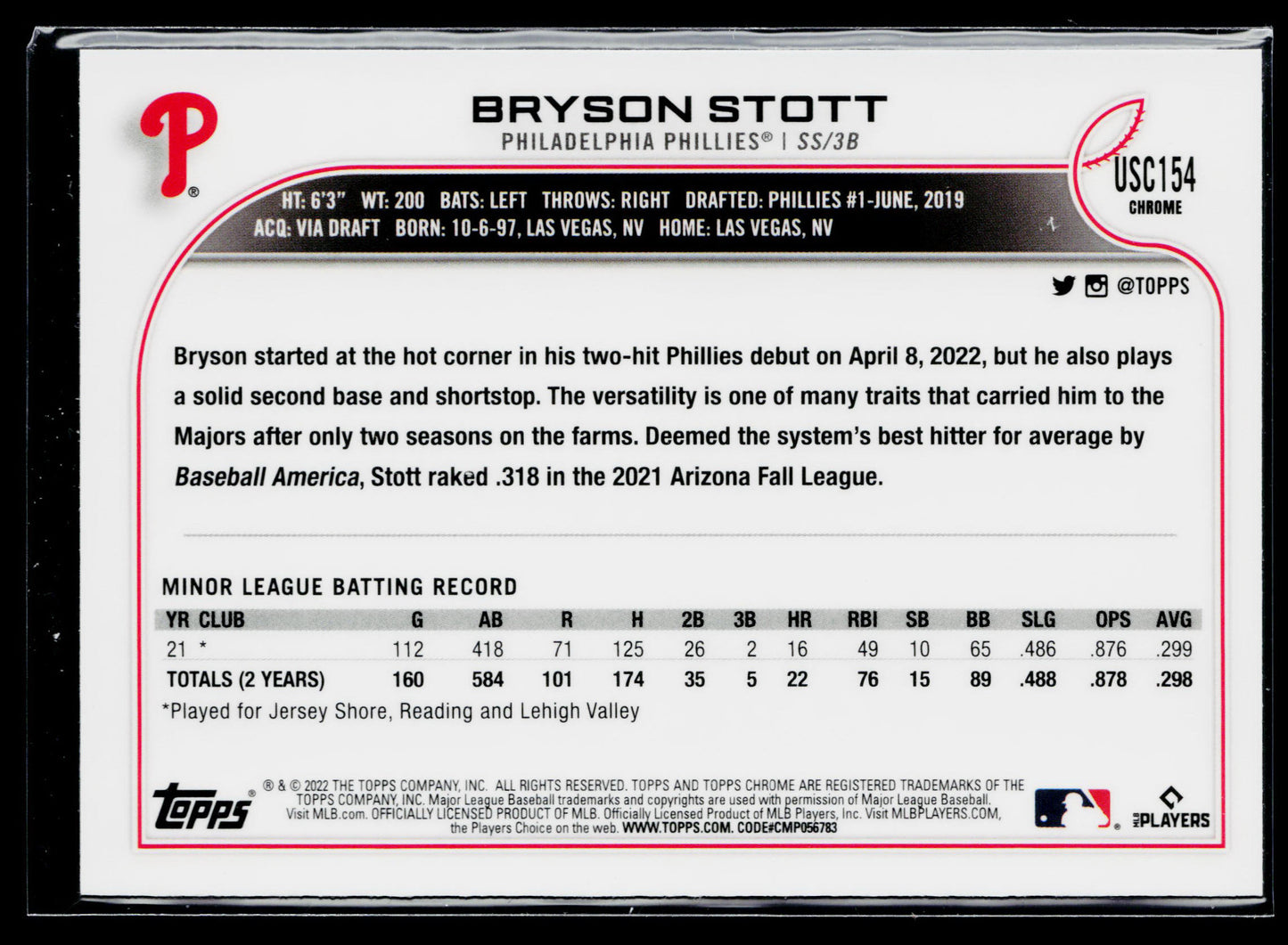 2022 Topps Chrome Update Bryson Stott Purple Refractor #USC154
