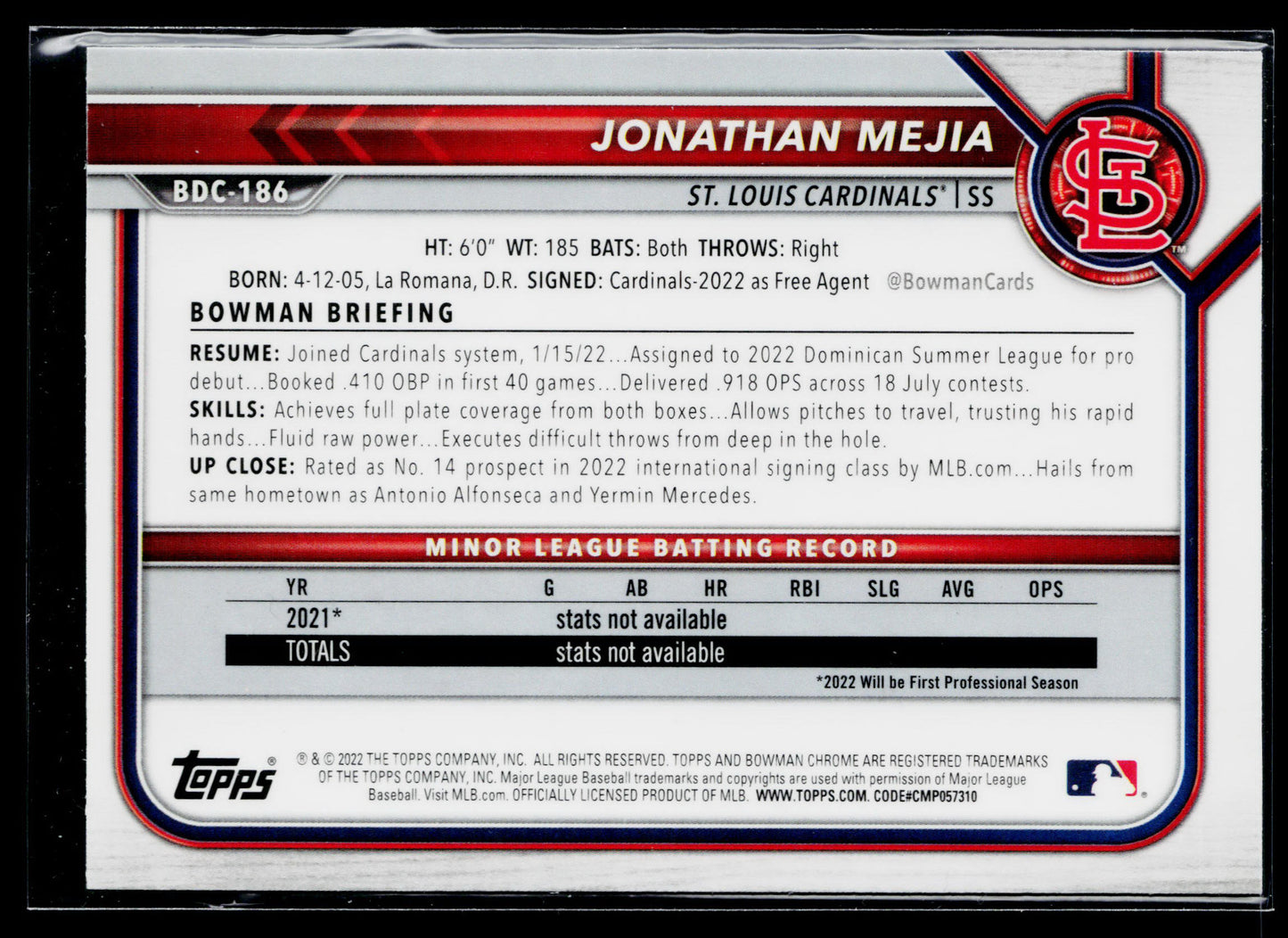 2022 Bowman Draft Jonathan Mejia Chrome Sky Blue Refractor #BDC-186