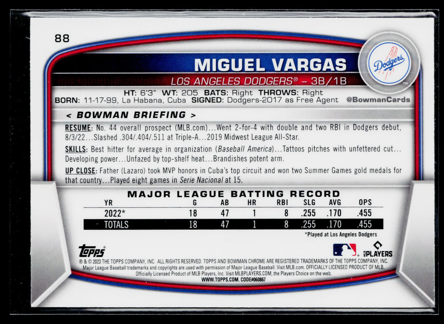 2023 Bowman Miguel Vargas Rookie Mojo Refractors #88