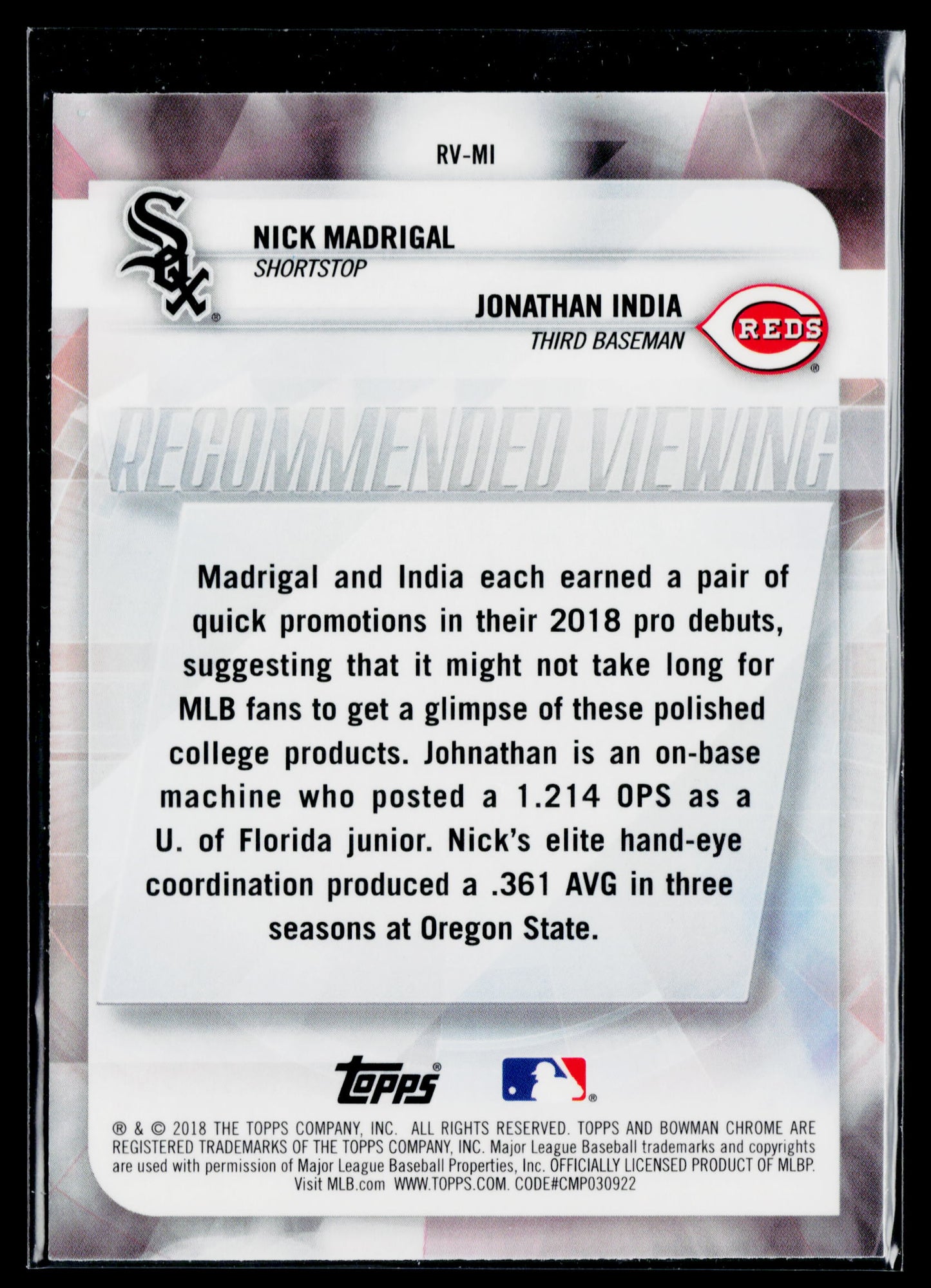 2018 Bowman Draft Nick Madrigal / Jonathan India Recommended Viewing #RV-MI