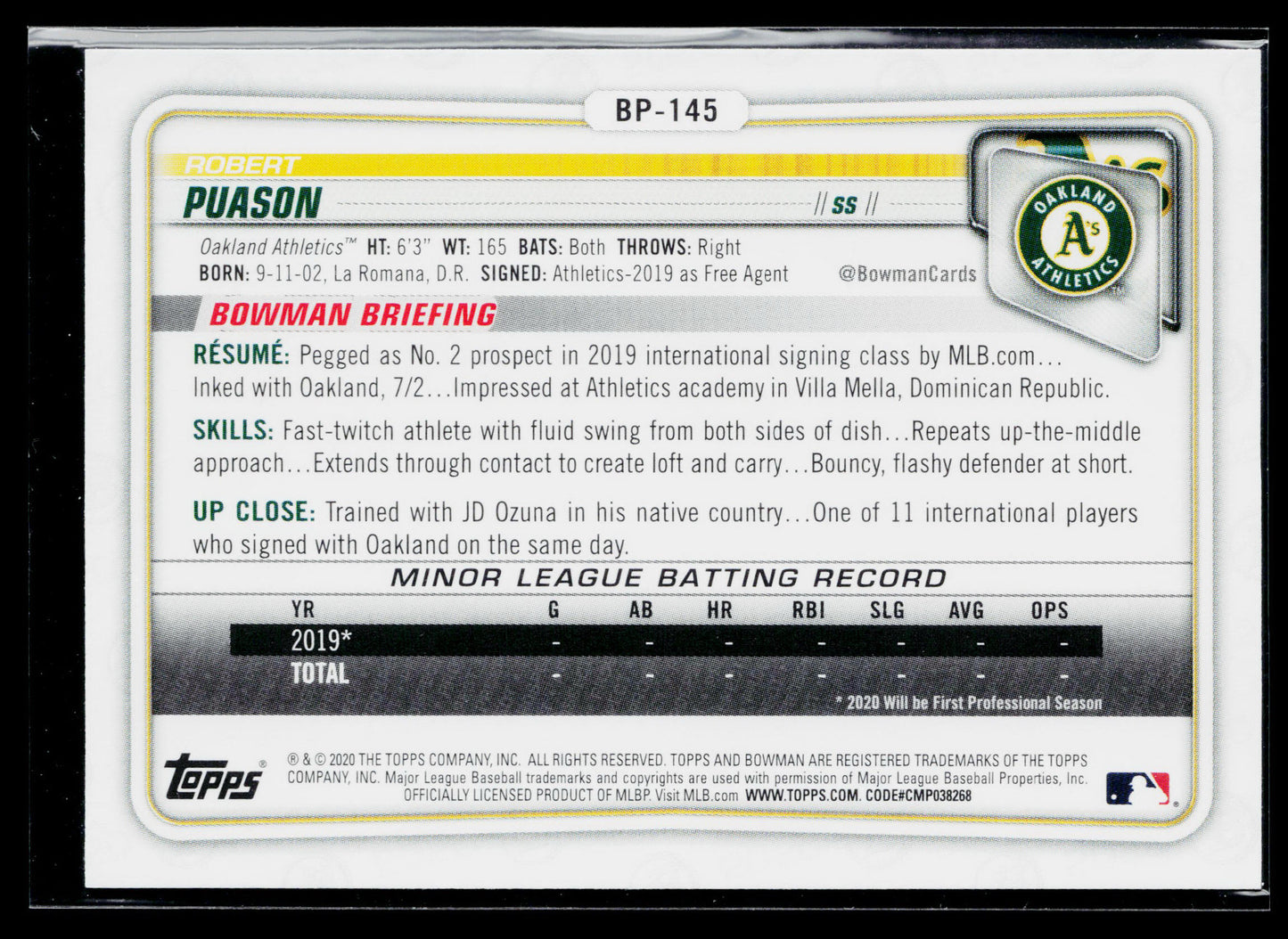 2020 Bowman Robert Puason Prospects #BP-145