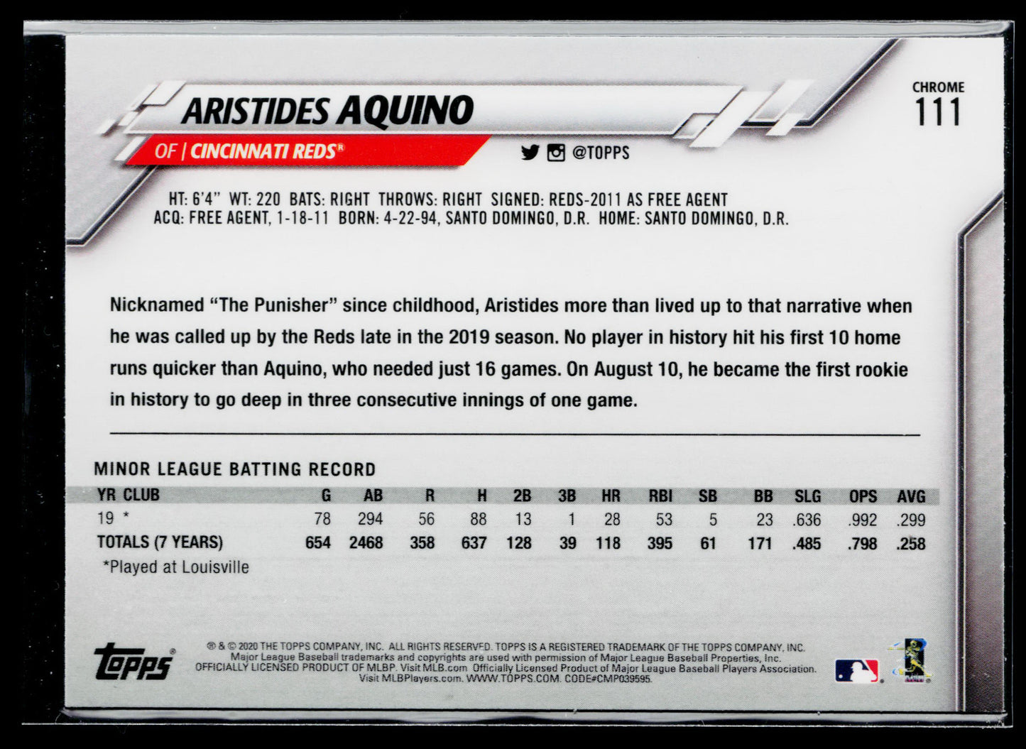 2020 Topps Chrome Aristides Aquino Rookie Prism Refractor #111