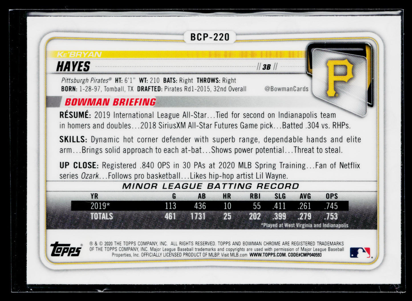 2020 Bowman Chrome Ke'Bryan Hayes Prospects Mojo Refractor #BCP-220