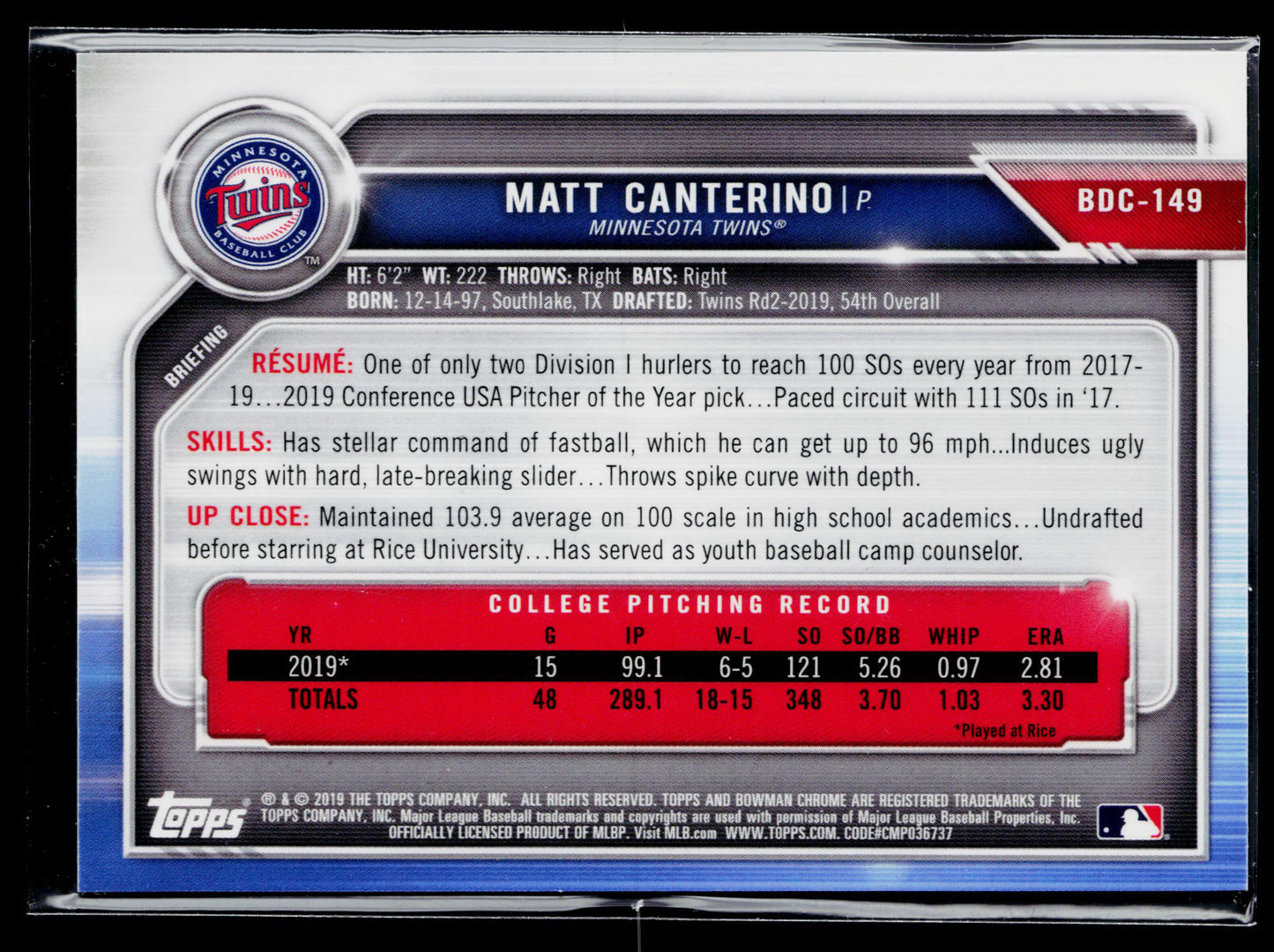 2019 Bowman Draft Matt Canterino Chrome Sky Blue #BDC-149