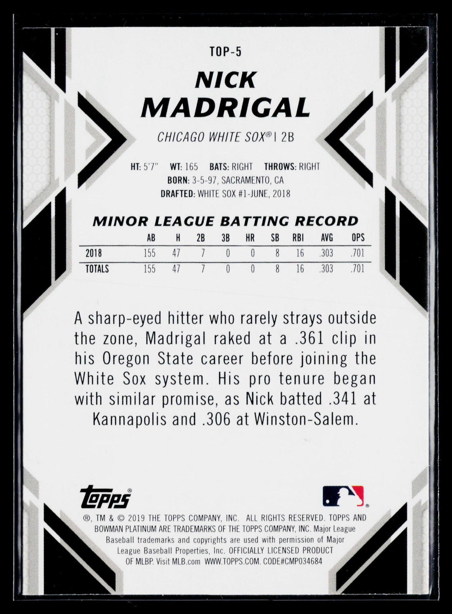 2019 Bowman Platinum Nick Madrigal Top Prospects #TOP-5