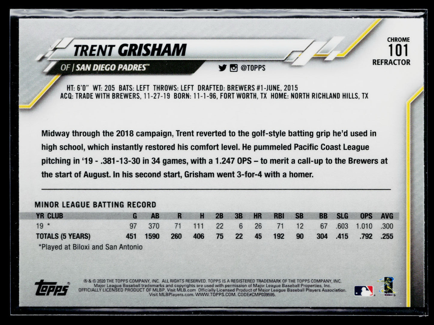 2020 Topps Chrome Trent Grisham Rookie Prism Refractor #101