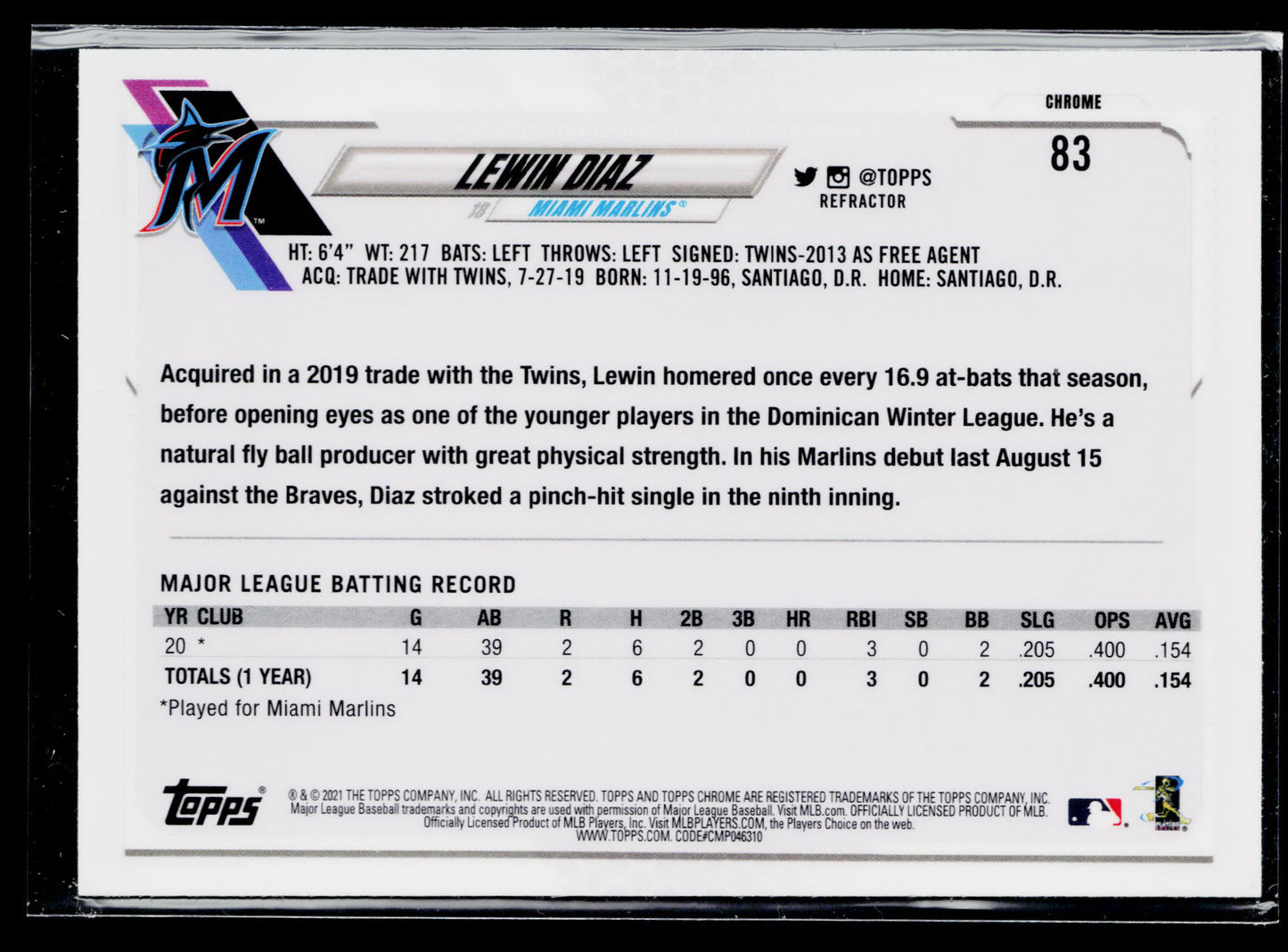 2021 Topps Chrome Lewin Diaz Rookie Refractor #83