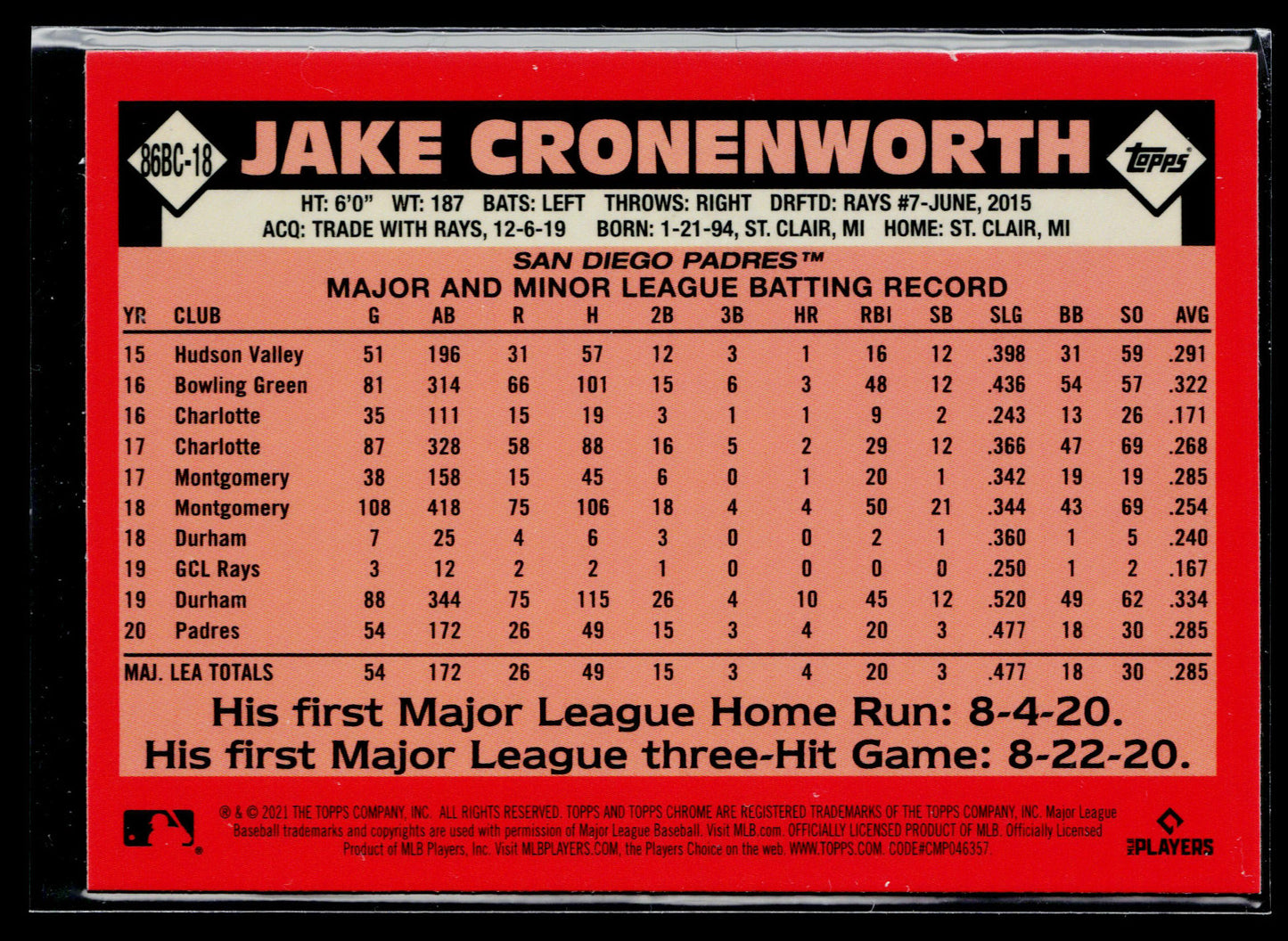 2021 Topps Chrome Jake Cronenworth 1986 Topps Baseball 35th Anniversary #86BC-18