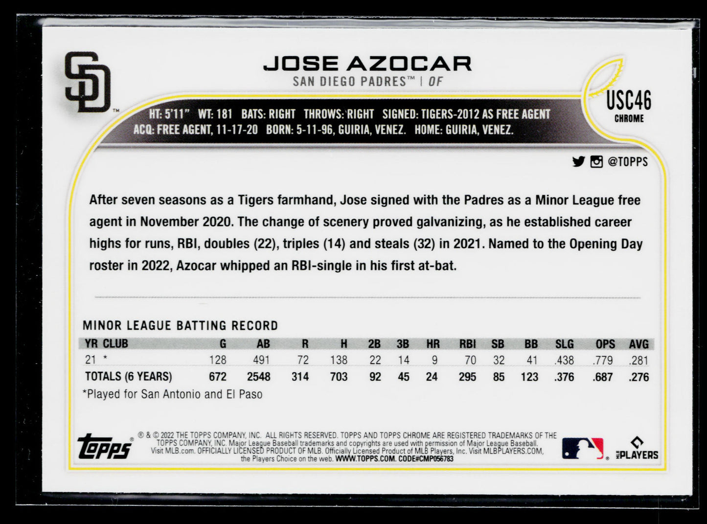 2022 Topps Update Jose Azocar Purple #US280