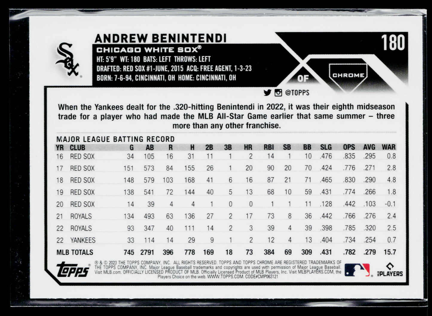 2023 Topps Chrome Andrew Benintendi Prism Refractors #180