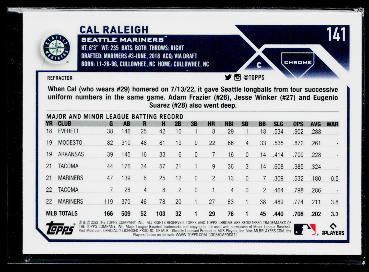 2023 Topps Chrome Cal Raleigh Refractors #141