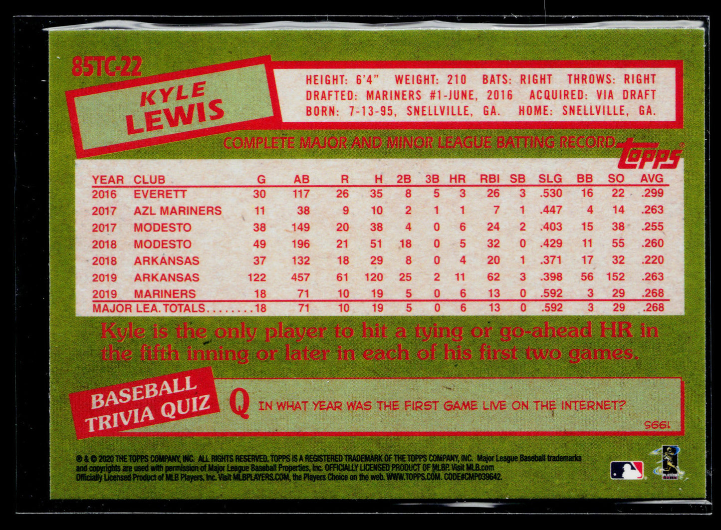 2020 Topps Chrome Kyle Lewis 1985 Topps Baseball #85TC-22