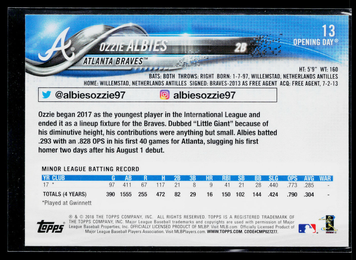 2018 Topps Opening Day Ozzie Albies Rookie #13