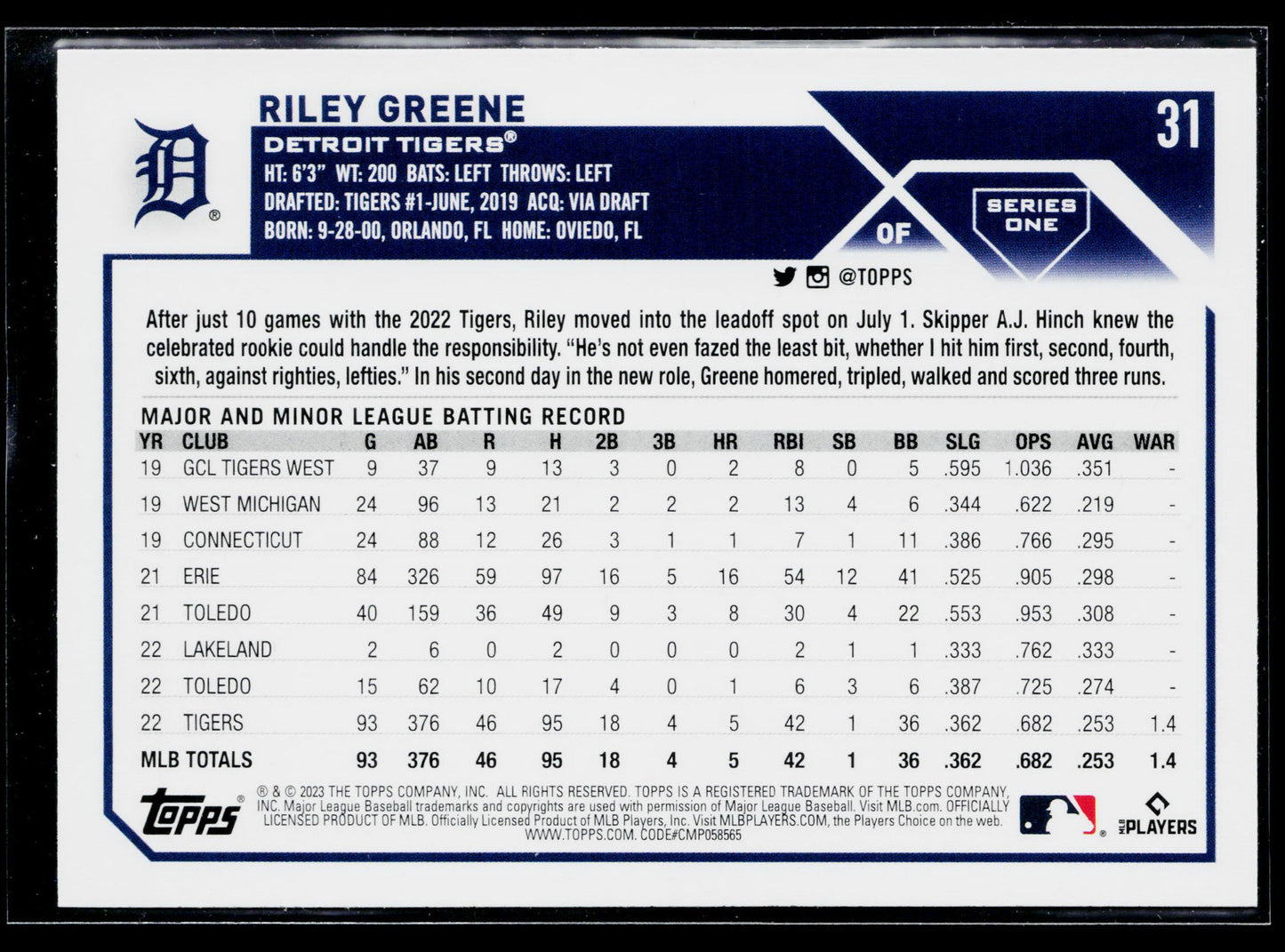 2023 Topps Riley Greene Rookie #31