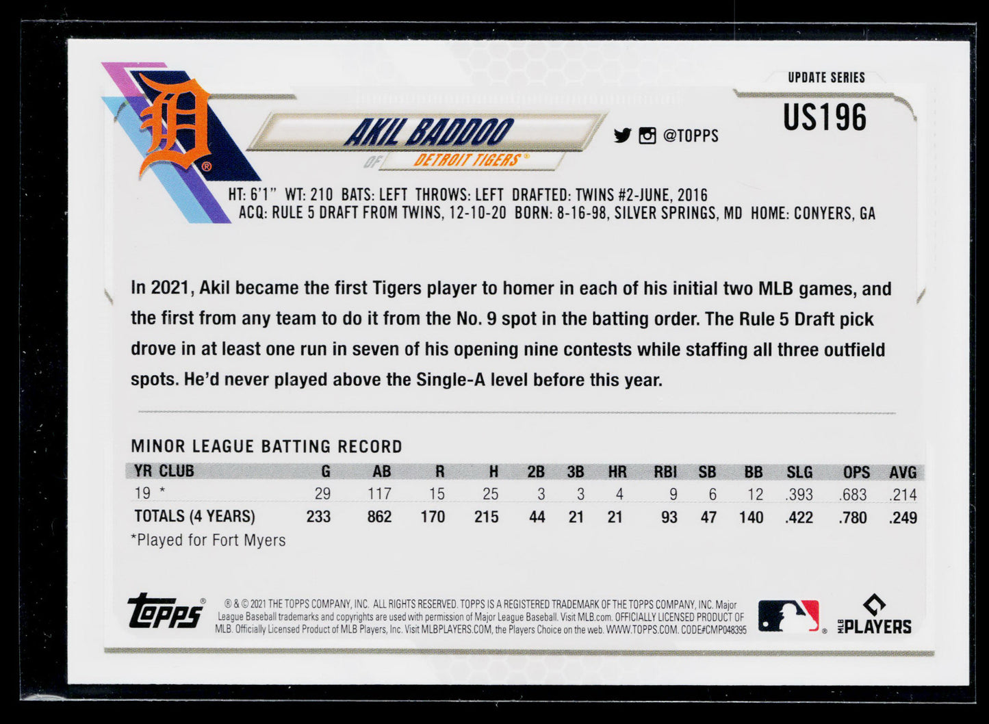2021 Topps Update Akil Baddoo Rookie #US196