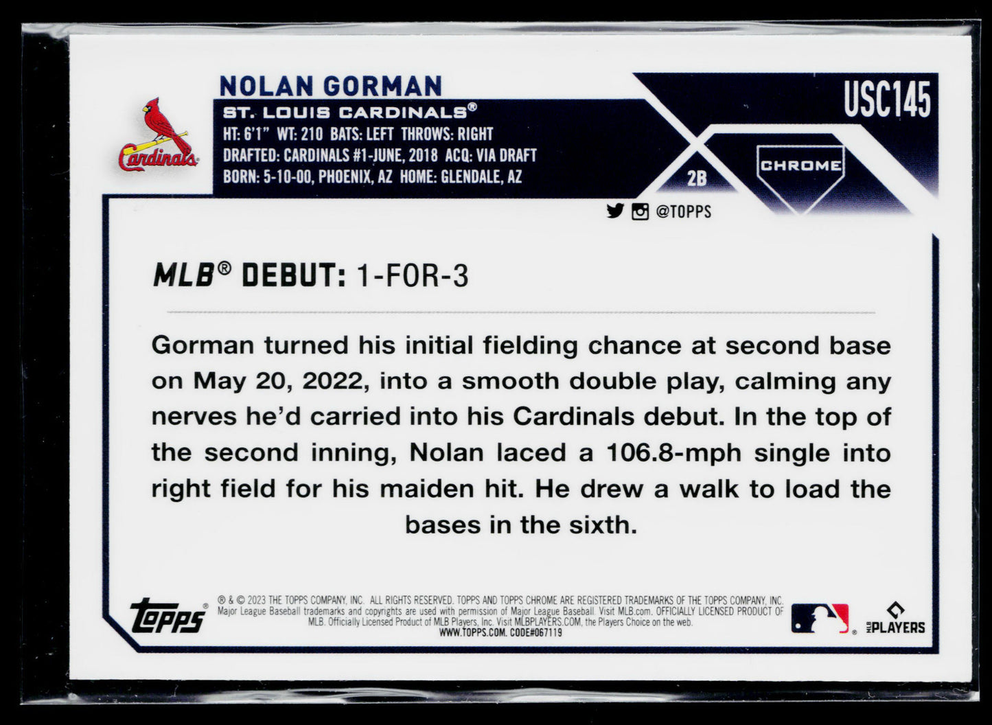 2023 Topps Chrome Update Nolan Gorman Sepia #USC145