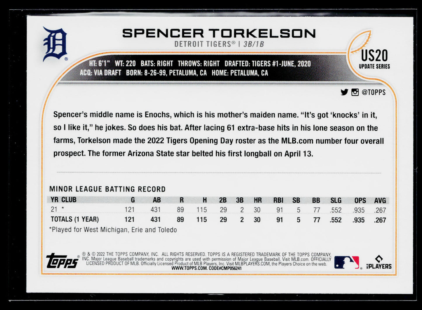 2022 Topps Update Spencer Torkelson Rookie #US20